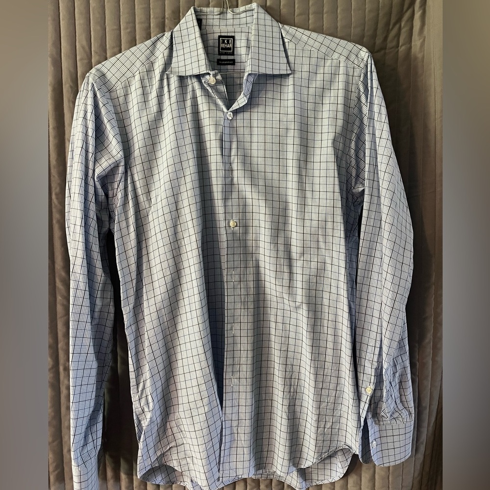 Ike Behar Blue and White Grid Dress Shirt